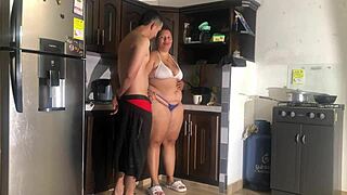 Tattooed Brunette's Tight Wet Pussy Fucked Missionary In Hotel Kitchen