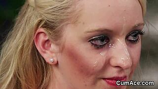 Naughty hottie gets jizz load on her face swallowing all the cream