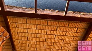 Gerageyn smoking girl sucks cock fast on public balcony