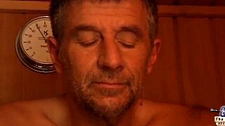 Old guy bangs young 18+ teen in sauna, gets sucked