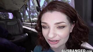Redhead Annabel Redd with huge natural tits got banged hard. She was tricked into a wild bus pickup scene.