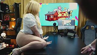 Blonde Brazilian Viamms Bends Over On Podcast Table, Tiny Panties Exposing Her Huge Pussy For Dirty Talk.