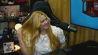 Blonde Brazilian Viamms Bends Over On Podcast Table, Tiny Panties Exposing Her Huge Pussy For Dirty Talk.
