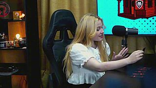 Blonde Brazilian Viamms Bends Over On Podcast Table, Tiny Panties Exposing Her Huge Pussy For Dirty Talk.