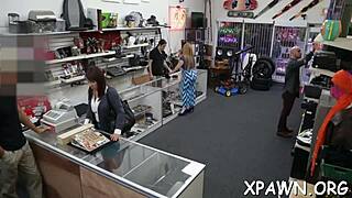 sex in the shop unfolds with sloppy ball licking and rough fucking.