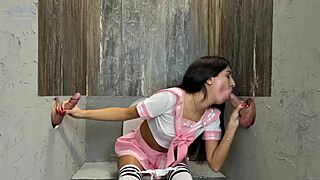 Slut surrendered at gloryhole to two huge cocks for cumshots