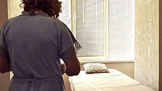 at the parlor, masseur rubs wife’s ass and pussy till she cums