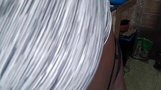 yo, check this ebony housewife showing off her chocolate pussy at home