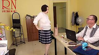 Regina Noir does yoga in the office, flashing her tight pussy