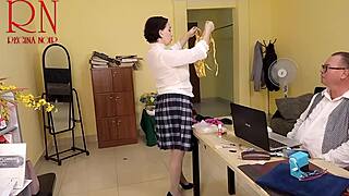 Regina Noir does yoga in the office, flashing her tight pussy