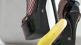 Petite Brunette Girl Crushes Fruits Under High Heels in Hot Foot Fetish Scene