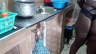 yo, check this ebony housewife showing off her chocolate pussy at home