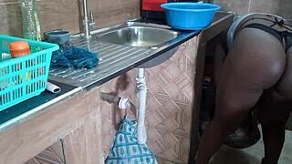 yo, check this ebony housewife showing off her chocolate pussy at home