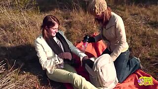 Outdoor Picnic Turns Into Wild Lesbian Strapon Sex for Brunette Pals!
