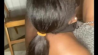 Thick ebony slut fucked in garage with oiled tits.