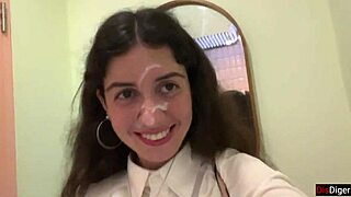 Wow, cum on her face in public cafe, she eats with it on!