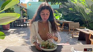 Wow, cum on her face in public cafe, she eats with it on!