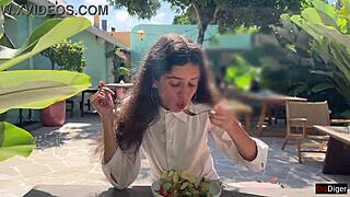 Wow, cum on her face in public cafe, she eats with it on!