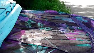 Hairy mature struts outdoors in a see-through dress