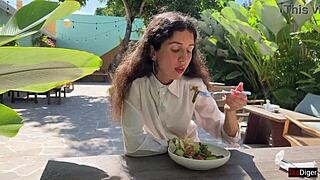 Wow, cum on her face in public cafe, she eats with it on!