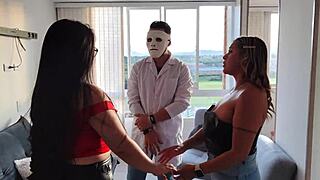 Curvy Colombian Antonella fucks muscular Michael in Halloween mask.