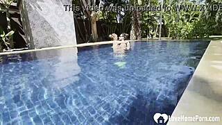 Hot Babe Swims, Gets Cock Poolside