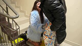 Teen Brunette Gets Spied On While Fucking In Entrance, Continues Rough Handjob And Licking At Home