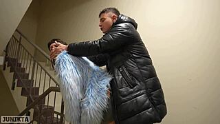 Teen Brunette Gets Spied On While Fucking In Entrance, Continues Rough Handjob And Licking At Home