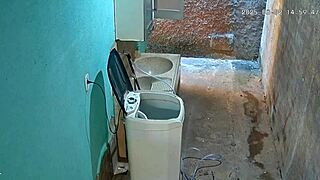 Hidden camera captures stepmother showering and boldly exposing herself in the backyard.