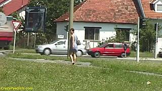 wow, redhead bbw milf peeing outdoors, so wild! 😲