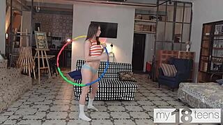 Hey, watch adorable Jane White play with hoop and finger her pussy!