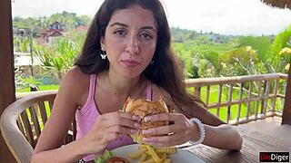 cute girl, eat that burger with cum on face