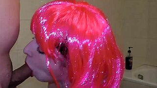 Sexy miss pink on her knees sucking cock passionately