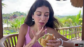 cute girl, eat that burger with cum on face