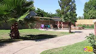 Hot Latina Lesbian Displays Fingering Talent While Licking Best Friend's Shaved Tight Pussy Outdoors.