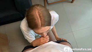 Brunette babe drops to her knees for a flawless blowjob after dinner.