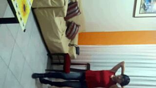 Sexy transsexual in lingerie licks outdoors intensely.