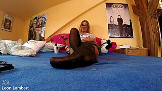 Chrissy shows her sexy feet in black stockings