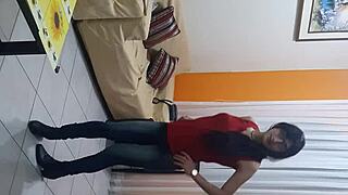 Sexy transsexual in lingerie licks outdoors intensely.