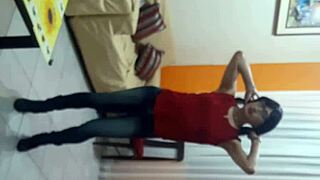 Sexy transsexual in lingerie licks outdoors intensely.