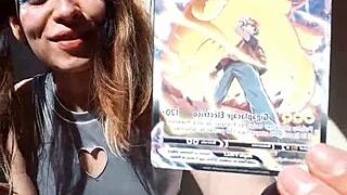 Bonneyuwu Shows Off Her Body in Cosplay While Displaying Cards Outdoors.