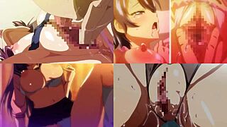 hentai screen split into wild scenes with big anime tits. fans couldn’t look away from the action.