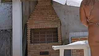 Married Woman Flashes Big Ass in Tight Body at USA Pool While Husband Watches Silently