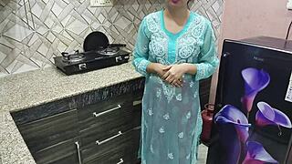 Desi Indian Stepmom with Big Boobs Teaches Stepson Kitchen Fucking in Hindi