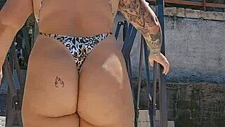 Married Woman Flashes Big Ass in Tight Body at USA Pool While Husband Watches Silently