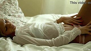 Beautiful tanned teen Anjelica intensely fingers her wet hairless pussy in lingerie