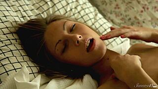 Beautiful tanned teen Anjelica intensely fingers her wet hairless pussy in lingerie