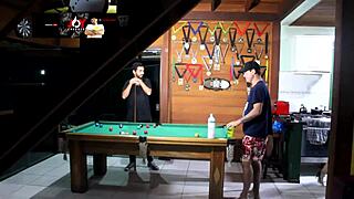 Old Man Loses Pool Game to Wife and Friend, Leading to Oral Action and Cuckold Fun with Small Tits