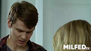 Curvy cheating MILF in heels seduces young delivery boy with big cock. Cunilingus and sex with curvy wife.