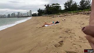 i asked the babe if i could cum on her tits while flashing my cock on the beach